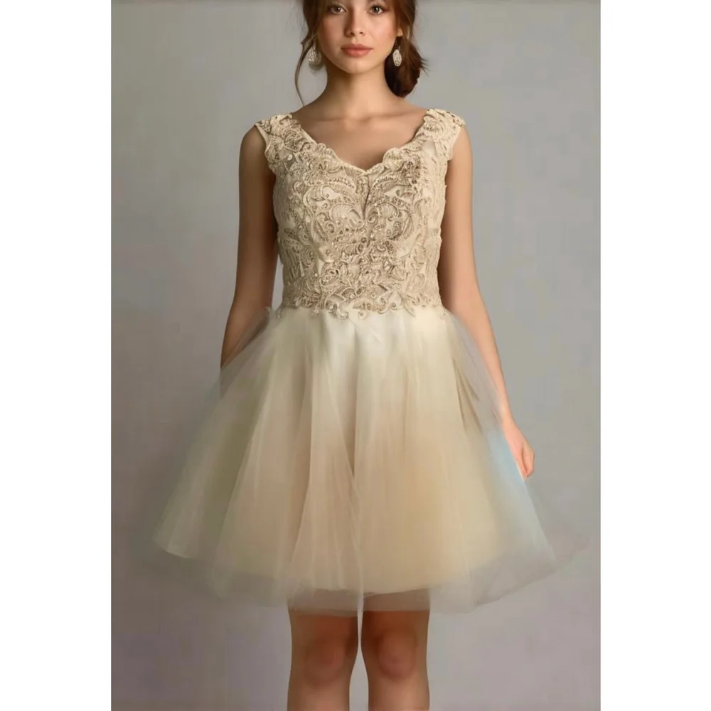 Ed Young Woman's Dress Bodice Size L Beige Gold Beading Detail Babydoll Girlhood